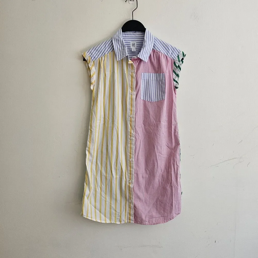 Gap Kids Striped Colorblock Shirt Dress Multi Color Preppy Pop L 10-11 Yrs